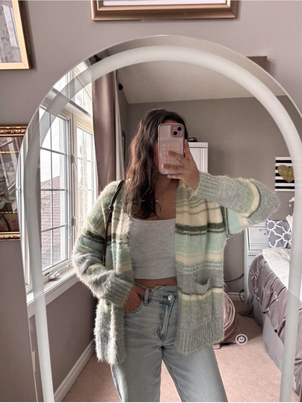 American Eagle Outfitters Striped Open-Front Cardigan - Sage, Cream & Gray